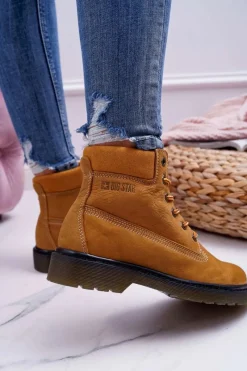 Hot Damskie Botki Trapery Big Star Camel EE274013 Damskie Damskie Trapery|Botki Sznurowane