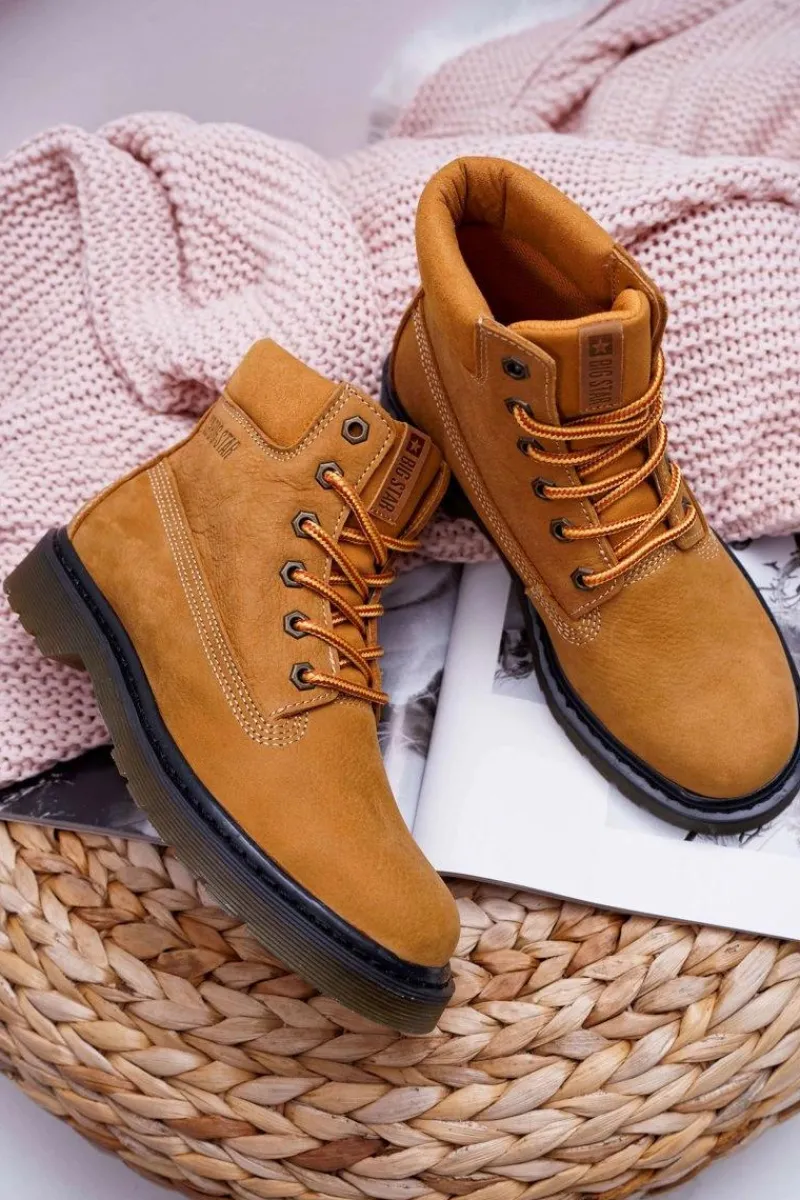 Hot Damskie Botki Trapery Big Star Camel EE274013 Damskie Damskie Trapery|Botki Sznurowane