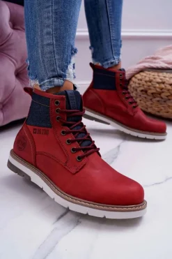 Hot Big Star Shoes Damskie Botki Trapery Big Star Skórzane Bordowe EE274006