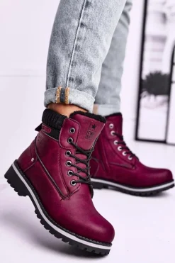 Damskie Botki Trapery Bordowe Grunders Damskie Botki Ocieplane|Damskie Trapery