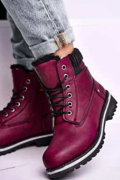 Damskie Botki Trapery Bordowe Grunders Damskie Botki Ocieplane|Damskie Trapery