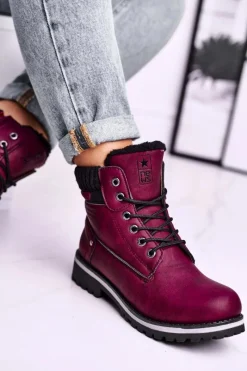 Damskie Botki Trapery Bordowe Grunders Damskie Botki Ocieplane|Damskie Trapery