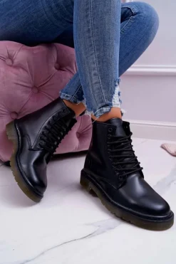 Outlet Damskie Botki Trapery Glany Big Star Skórzane Czarne EE274001 Damskie Damskie Trapery|Botki Sznurowane