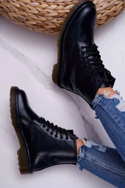 Outlet Damskie Botki Trapery Glany Big Star Skórzane Czarne EE274001 Damskie Damskie Trapery|Botki Sznurowane