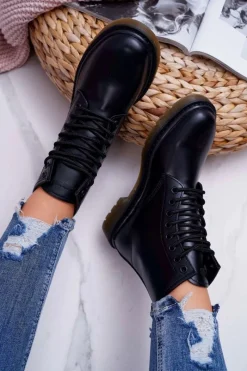 Outlet Damskie Botki Trapery Glany Big Star Skórzane Czarne EE274001 Damskie Damskie Trapery|Botki Sznurowane