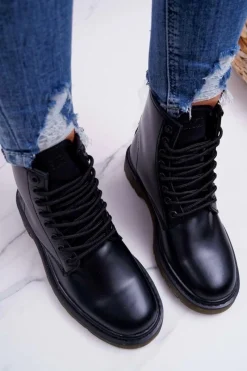 Outlet Damskie Botki Trapery Glany Big Star Skórzane Czarne EE274001 Damskie Damskie Trapery|Botki Sznurowane