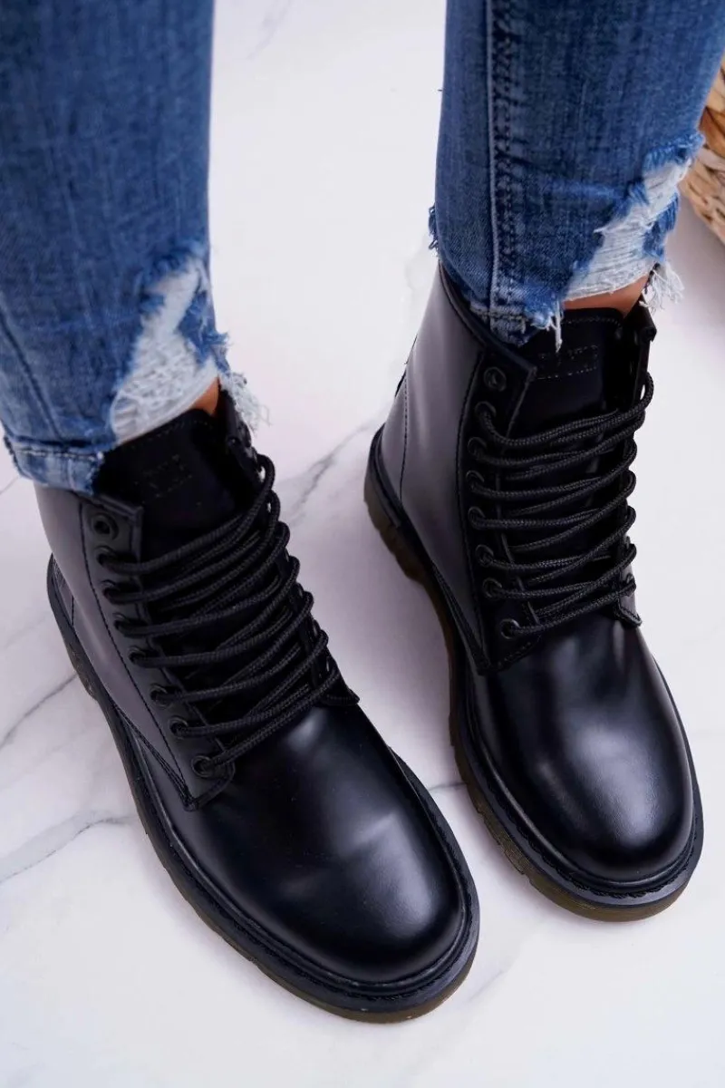 Outlet Damskie Botki Trapery Glany Big Star Skórzane Czarne EE274001 Damskie Damskie Trapery|Botki Sznurowane