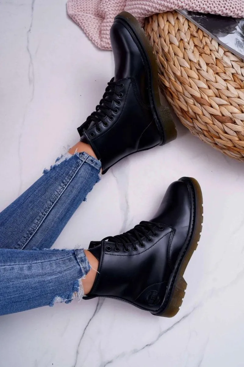 Outlet Damskie Botki Trapery Glany Big Star Skórzane Czarne EE274001 Damskie Damskie Trapery|Botki Sznurowane