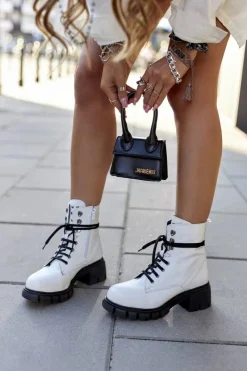 Clearance Damskie Botki Trapery Glany Białe Clethra Damskie Damskie Trapery|Botki Sznurowane