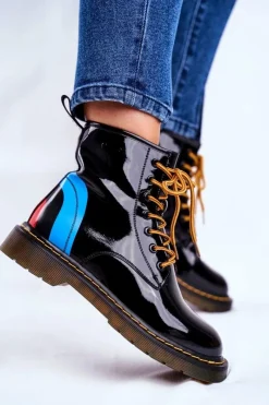 Hot Damskie Botki Trapery Glany Skórzane Czarne GG2N3056 Damskie Damskie Trapery|Botki Sznurowane