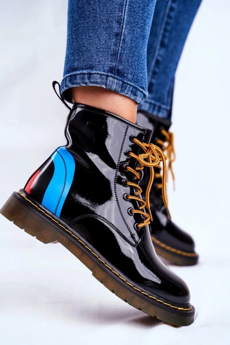 Hot Damskie Botki Trapery Glany Skórzane Czarne GG2N3056 Damskie Damskie Trapery|Botki Sznurowane