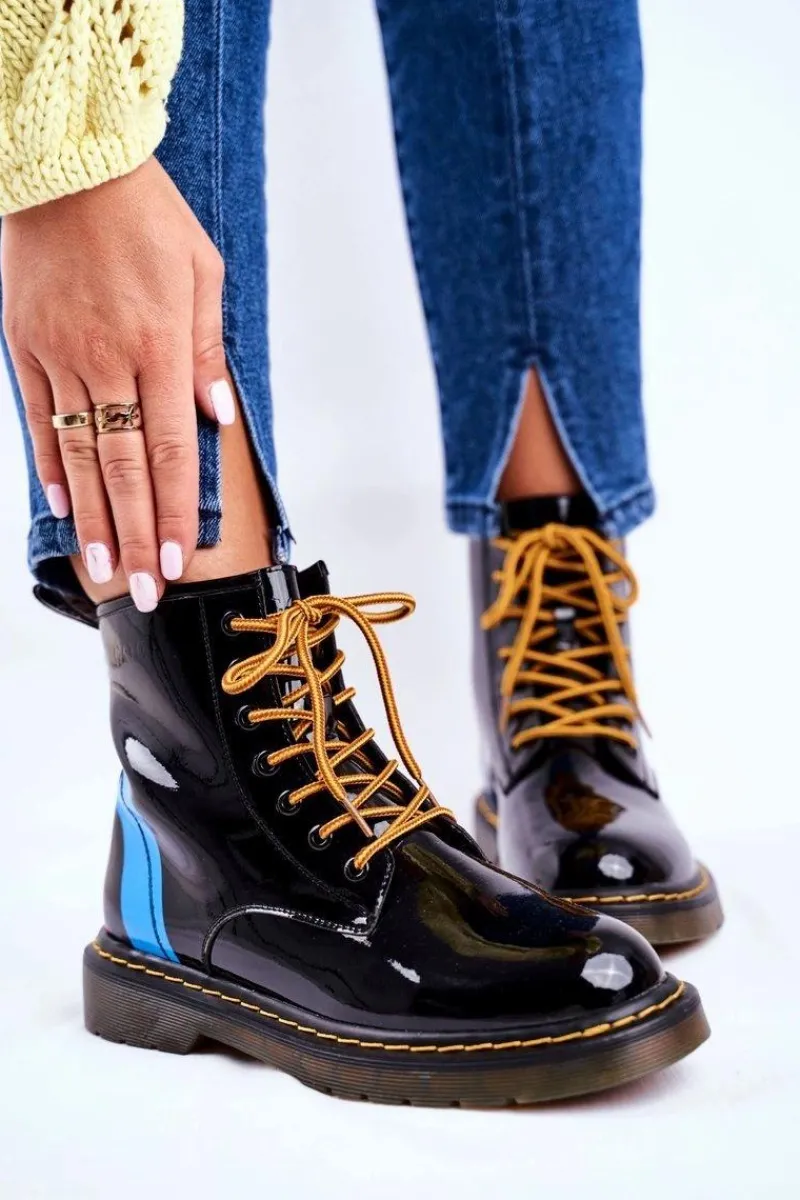 Hot Damskie Botki Trapery Glany Skórzane Czarne GG2N3056 Damskie Damskie Trapery|Botki Sznurowane