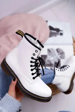 Damskie Trapery|Botki Sznurowane></noscript>Boto Damskie Botki Trapery Glany Białe Gangsta