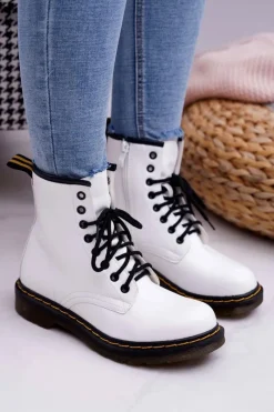 Damskie Trapery|Botki Sznurowane></noscript>Boto Damskie Botki Trapery Glany Białe Gangsta