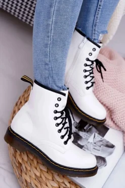 Damskie Trapery|Botki Sznurowane></noscript>Boto Damskie Botki Trapery Glany Białe Gangsta