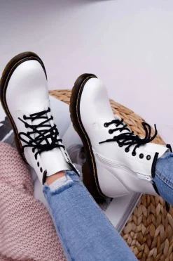 Damskie Trapery|Botki Sznurowane></noscript>Boto Damskie Botki Trapery Glany Białe Gangsta