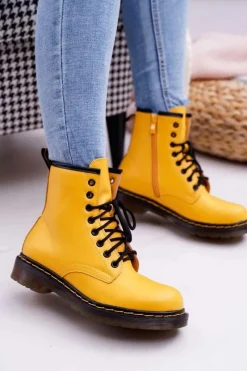 Clearance Damskie Botki Trapery Glany Żółte Gangsta Damskie Damskie Trapery|Botki Sznurowane