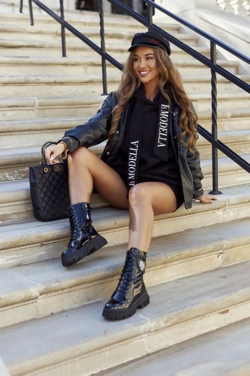 Damskie Trapery|Botki Sznurowane>Boto Damskie Botki Trapery Glany Lakierowane Czarne Coriera