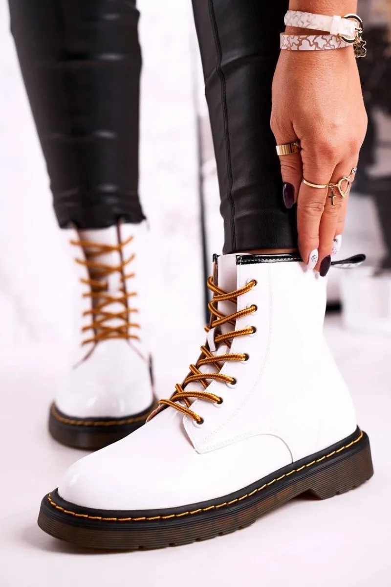 Damskie Trapery|Botki Sznurowane>GOE Damskie Botki Trapery Glany Skórzane Białe GG2N3057A