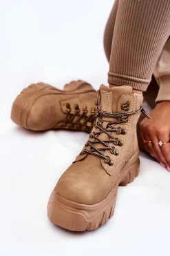 Outlet Damskie Botki Trapery Memory Foam Big Star KK274366 Beżowe Damskie Damskie Trapery|Botki Sznurowane