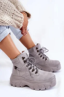 Damskie Trapery|Botki Sznurowane></noscript>Big Star Shoes Damskie Botki Trapery Memory Foam Big Star KK274367 Szare