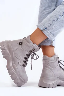 Damskie Trapery|Botki Sznurowane></noscript>Big Star Shoes Damskie Botki Trapery Memory Foam Big Star KK274367 Szare