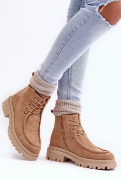 Damskie Trapery|Botki Sznurowane>Boto Damskie Botki Trapery Na Suwak Ciemnobeżowe Apolosi