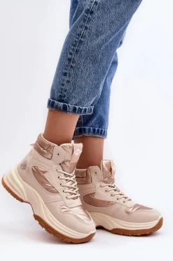 Hot Damskie Botki Trapery Na Grubej Podeszwie LCJ-23-44-1972L Beżowe Damskie Trekkingowe Damskie|Damskie Trapery
