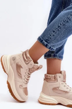 Hot Damskie Botki Trapery Na Grubej Podeszwie LCJ-23-44-1972L Beżowe Damskie Trekkingowe Damskie|Damskie Trapery
