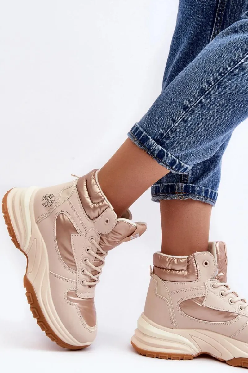 Hot Damskie Botki Trapery Na Grubej Podeszwie LCJ-23-44-1972L Beżowe Damskie Trekkingowe Damskie|Damskie Trapery