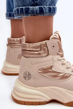 Hot Damskie Botki Trapery Na Grubej Podeszwie LCJ-23-44-1972L Beżowe Damskie Trekkingowe Damskie|Damskie Trapery