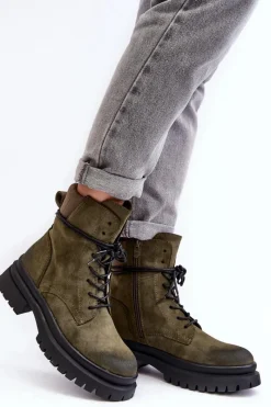 Sale Boto Damskie Botki Trapery Na Grubej Podeszwie Ciemnozielone Narelona