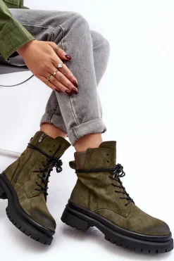 Sale Boto Damskie Botki Trapery Na Grubej Podeszwie Ciemnozielone Narelona