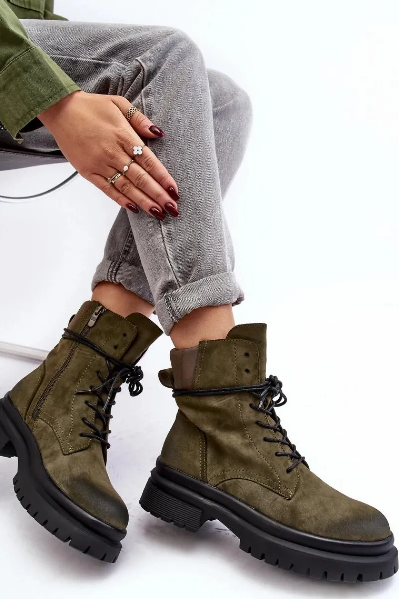 Sale Boto Damskie Botki Trapery Na Grubej Podeszwie Ciemnozielone Narelona