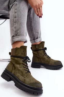 Sale Boto Damskie Botki Trapery Na Grubej Podeszwie Ciemnozielone Narelona