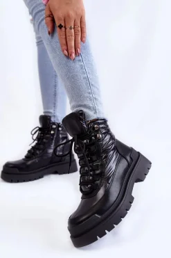 Damskie Trapery|Botki Sznurowane></noscript>Buty Sergio Leone Damskie Botki Trapery Na Platformie Czarne Nerina