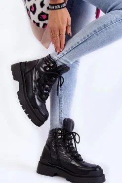 Damskie Trapery|Botki Sznurowane></noscript>Buty Sergio Leone Damskie Botki Trapery Na Platformie Czarne Nerina