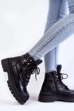 Damskie Trapery|Botki Sznurowane></noscript>Buty Sergio Leone Damskie Botki Trapery Na Platformie Czarne Nerina