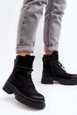 Clearance Damskie Botki Trapery Na Grubej Podeszwie Czarne Narelona Damskie Damskie Trapery|Botki Sznurowane