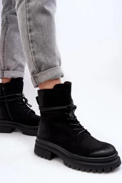 Clearance Damskie Botki Trapery Na Grubej Podeszwie Czarne Narelona Damskie Damskie Trapery|Botki Sznurowane