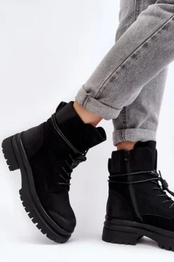 Clearance Damskie Botki Trapery Na Grubej Podeszwie Czarne Narelona Damskie Damskie Trapery|Botki Sznurowane