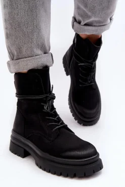 Clearance Damskie Botki Trapery Na Grubej Podeszwie Czarne Narelona Damskie Damskie Trapery|Botki Sznurowane