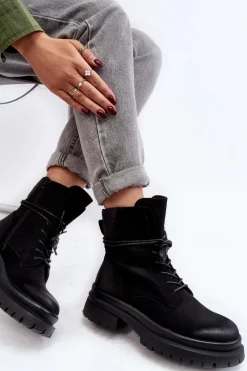 Clearance Damskie Botki Trapery Na Grubej Podeszwie Czarne Narelona Damskie Damskie Trapery|Botki Sznurowane
