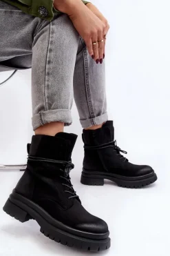 Clearance Damskie Botki Trapery Na Grubej Podeszwie Czarne Narelona Damskie Damskie Trapery|Botki Sznurowane