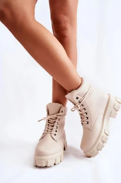 Hot Boto Damskie Botki Trapery Ocieplane Jasnobeżowe Flavin