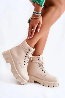 Hot Boto Damskie Botki Trapery Ocieplane Jasnobeżowe Flavin