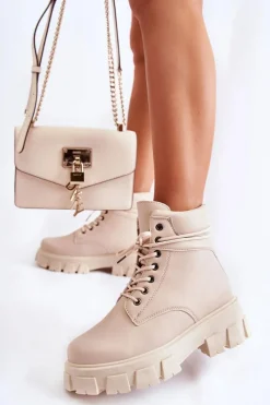 Hot Boto Damskie Botki Trapery Ocieplane Jasnobeżowe Flavin