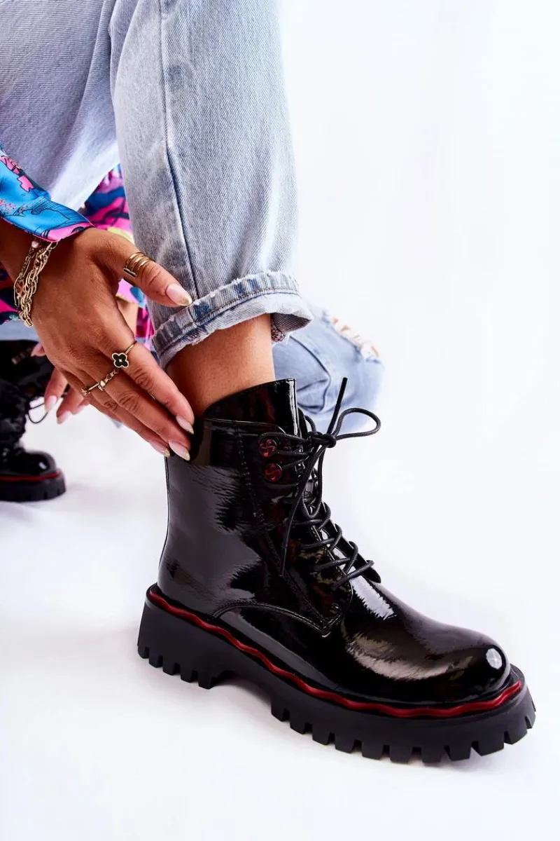 Discount Damskie buty S.Barski Damskie Botki Trapery Wiązane Czarne Sherill