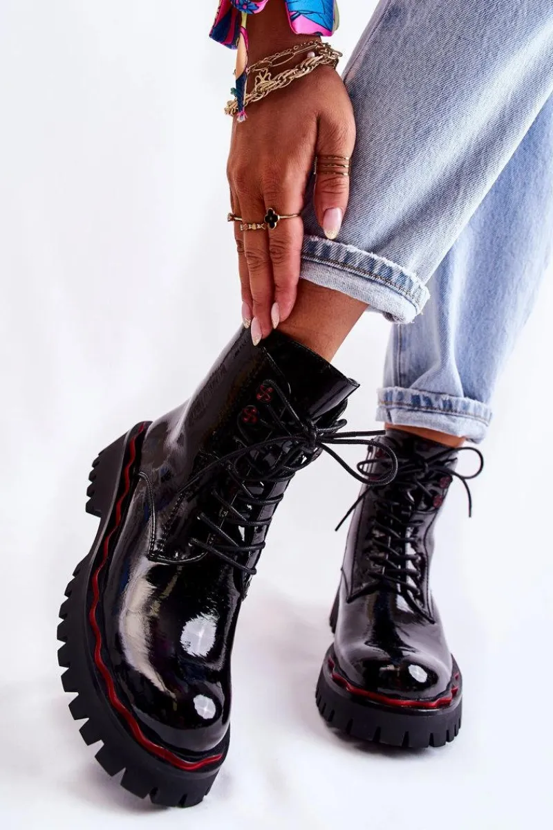 Discount Damskie buty S.Barski Damskie Botki Trapery Wiązane Czarne Sherill