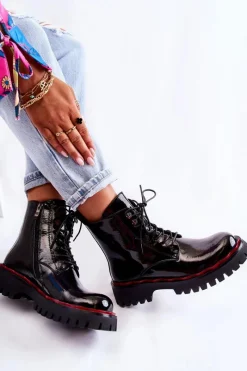 Discount Damskie buty S.Barski Damskie Botki Trapery Wiązane Czarne Sherill